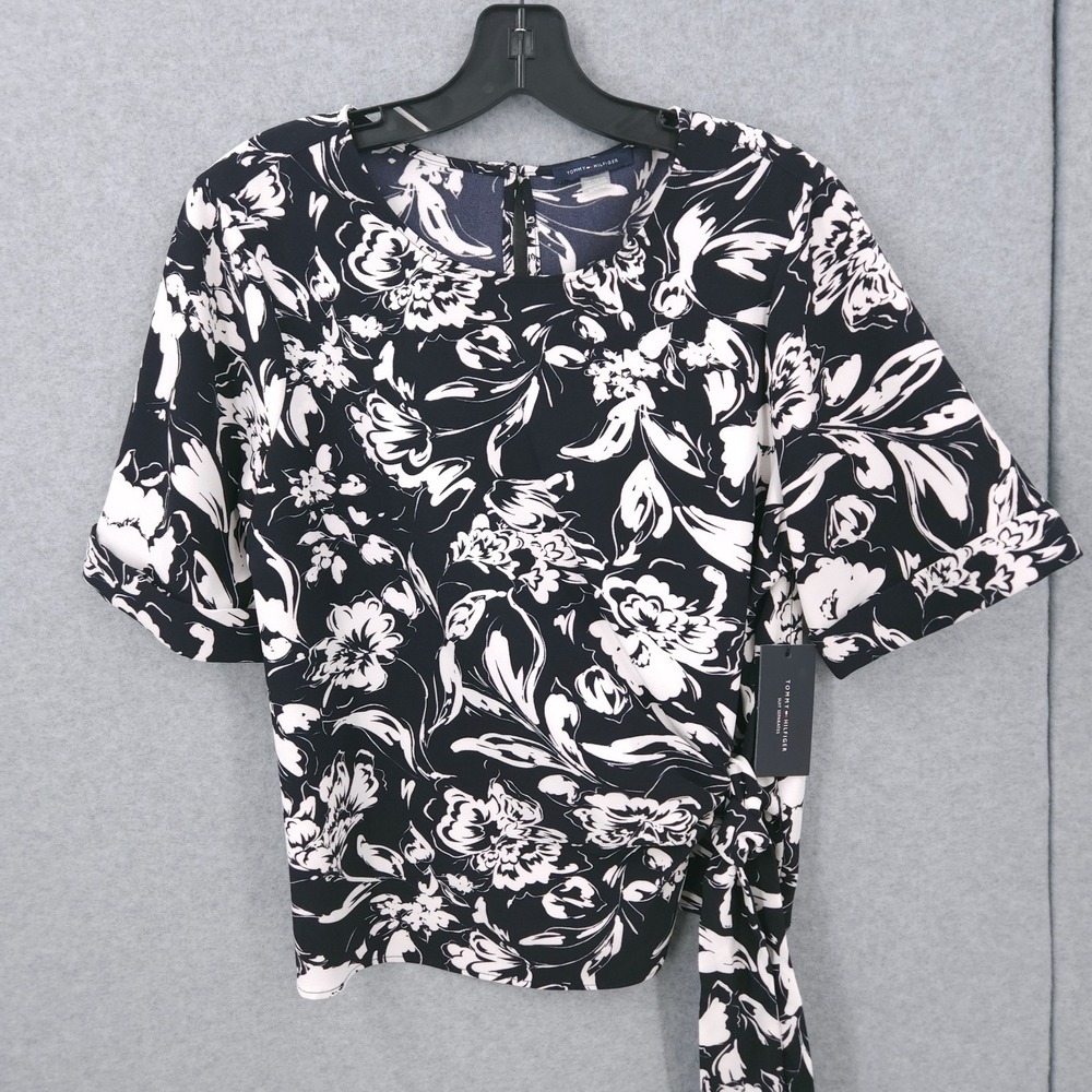 Tommy Hilfiger Floral Print Short Sleeve Polo Navy Shirt Womens Size‎ M NWT